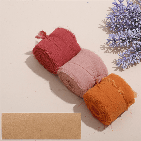Monebena 3 Pcs Handmade Chiffon Silk Ribbon with Box Fringe Frayed Edges Ribbons for Wedding Invitations Bridal Bouquets Gifts Wrapping Crafts Holiday Party Decorations 1.5" x 5.5Yd M01
