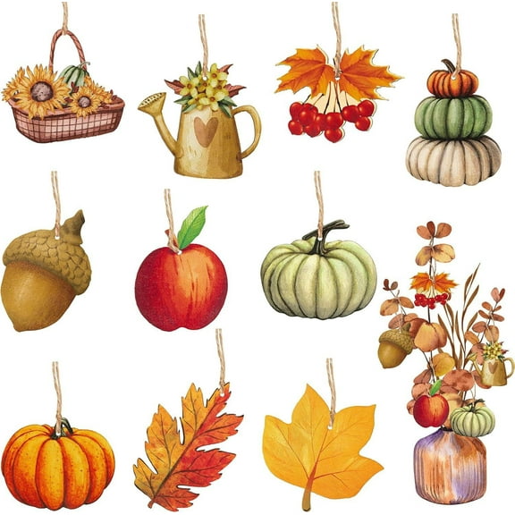 Monebena 30Pcs Fall Autumn Wood Hanging Ornaments Autumn Wooden Pumpkin Maple Leaves Decorative Pendents for Thanksgiving Day Fall Harvest Party Favor Gift Tag Holiday Home Tree Decorations M01