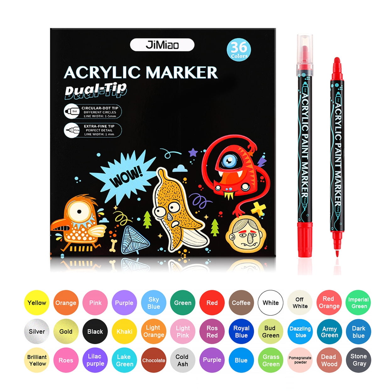 Monebena 36 Colors Acrylic Markers, Double Tip Acrylic Paint Pens Markers, Premium Acrylic Markers for Wood,Rock Painting, Glass, DIY Crafts Making Art Supplies, Canvas, Stone