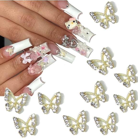 Monebena 3D Butterfly Charms for Nails 10Pcs Nail Charms Alloy Nail Jewels Nail Butterfly Design Nail Decoration for Acrylic Nails DIY Craft Nail Art Accessories, Gold