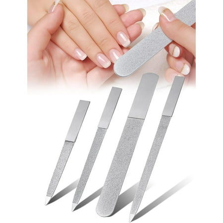 Monebena 4 PCS Diamond Nail File Set - Double-Sided Manicure Files Metal Stainless Steel Emery Boards for Natural Nail, Pedicure, Salon, Home, and Travel Use (Silver)