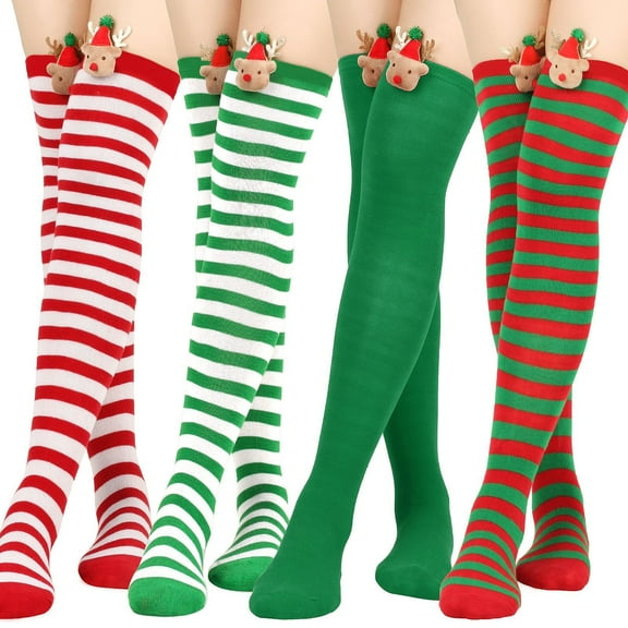 Monebena 4 Pairs Christmas Striped Thigh High Socks Women Long Striped Socks High Stockings for Women and Girls M01