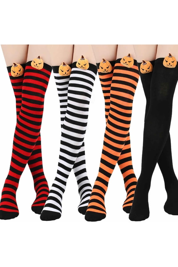 4 Pcs Pumpkin Devil Halloween Socks, Knee Over Socks, Striped Long Socks, Polyester Cotton M01