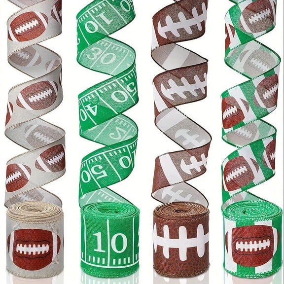 Monebena 4 Rolls 20 Yards Football Wired Edge Ribbons, 2.5inch Brown Green American Football Burlap Ribbons, Sport Gridiron Ribbon for Gift Wrapping Sports Ball Game Sewing DIY Crafts Supplies M01