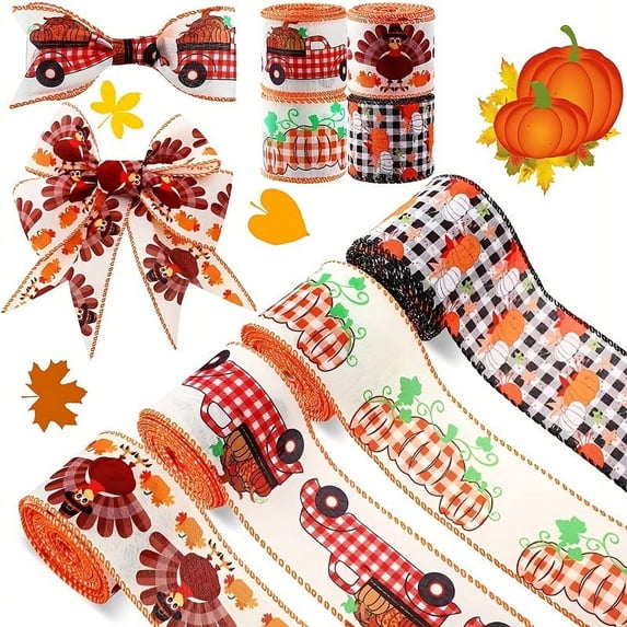 Monebena 4 Rolls Fall Pumpkin Craft Ribbons for Wreath Bows, 2.5"×5 Yards Thanksgiving Wired Edge Ribbons Orange Burlap Ribbon Autumn Leaves Wired Ribbons for Crafting Sewing DIY Crafts Supplies M01