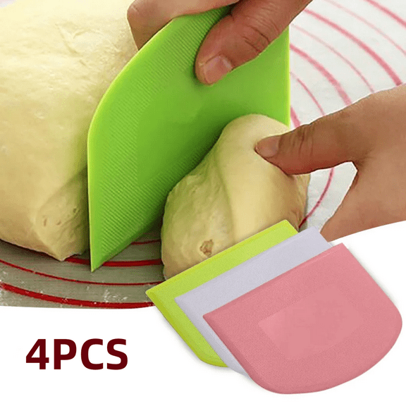 Monebena 4Pcs Dough Scraper Plastic Pastry Cutter Bowl Scrapers Dough Bread Cutters Multipurpose Kitchen Tool for Cake Decorating Baking (Blue,Green, Pink, White)