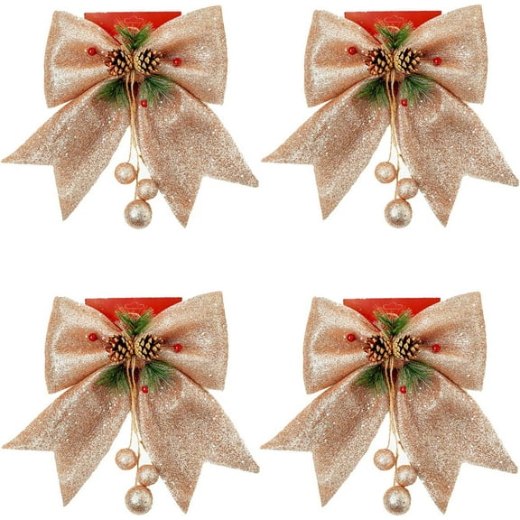 Monebena 4pcs Christmas Bow, Rose Gold Wreaths Bows, Christmas Tree Bow Glitter, Sequin Bow Ties, Xmas Decorative Bows for Home Ornament Decoration, Christmas Party, 9.8 x 11.8in