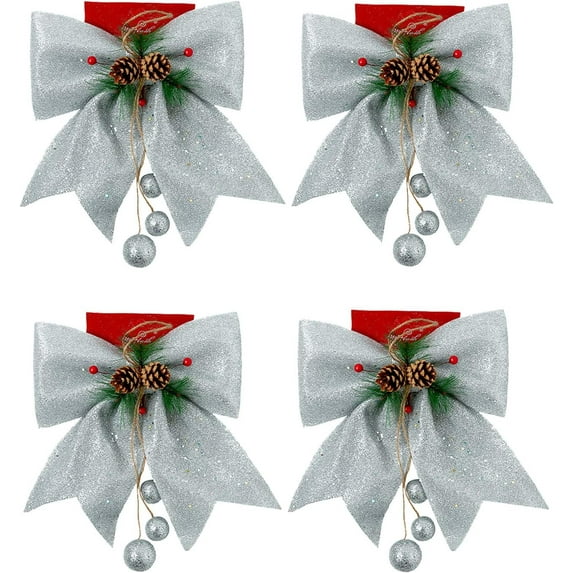 Monebena 4pcs Christmas Bow, Silver Wreaths Bows, Large Glitter Ribbon Bow Tie, Large Xmas Bows, Wreath Ornament Decor for Christmas Tree Party Gift, 9.8 x 11.8