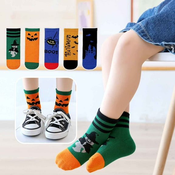 Monebena 5 Pairs Halloween Socks Kids Novelty Holiday Socks Boys Funny Crew Socks Girls with Cartoon Patterns M01