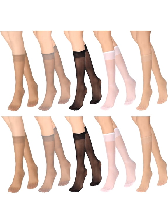 5 Pairs Sheer Knee High Stockings for Women, Nylon Pop Socks Thigh High Stockings Sheer Trouser Socks, 5 Colors Ladies Knee High Stockings with Reinforced Toe Elastic Soft Nylon Socks