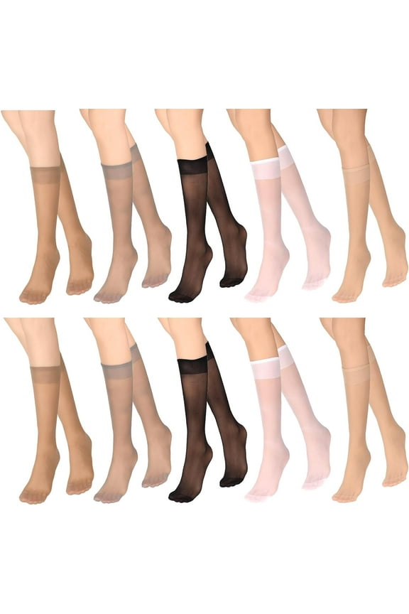 5 Pairs Sheer Knee High Stockings for Women, Nylon Pop Socks Thigh High Stockings Sheer Trouser Socks, 5 Colors Ladies Knee High Stockings with Reinforced Toe Elastic Soft Nylon Socks