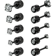 Monebena 5 Pairs Titanium Screw Back Stud Earrings Set Round Cubic Zirconia Earrings for Women Men, Black 2-6mm