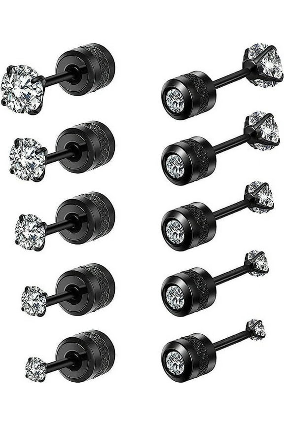 5 Pairs Titanium Screw Back Stud Earrings Set Round Cubic Zirconia Earrings for Women Men, Black (2-6mm)