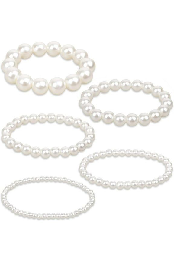 5 Pcs White Pearl Bracelets for Women, White Stretch Bridesmaid Pearl Bracelets Bridal Wedding Elastic Bracelets Stackable Faux Pearl Bracelets for Lady Pearl Beaded Bracelets
