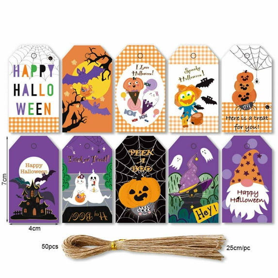 Monebena 50 Pack Happy Halloween Paper Tags Orange Halloween Ghost Pumpkin Gift Tags Halloween Gift Tags with Cotton Rope for Halloween Party, Candy Present Wrap Gift Label Package Decor M01