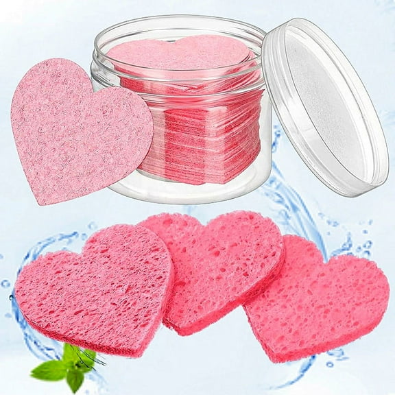 Monebena 50 Pcs Compressed Cellulose Heart Shape Face Facial Sponges 100% Natural Cosmetic Sponges for Facial Cleansing Exfoliating Mask Skin Massage, Pink M01