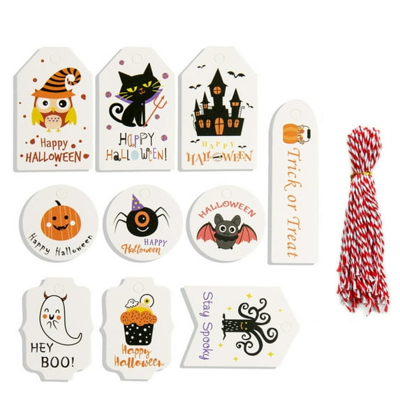 Monebena 50 Pcs Happy Halloween Tags with String Kids Gift Trick Or Treat Spooky Goodie Candy Boo Bag Party Kraft Paper Label Hanging Card Home Decor Supply White Art Craft Set M01