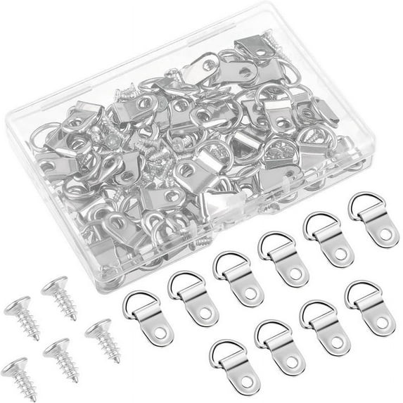 Monebena 50PCS Picture Hangers Kit with Screws Heavy Duty D Rings Picture Hanging Picture Hooks Plated Wire Kit Small D-Ring Hangers Single Hole Frame Hanger for Mirror Clock Artwork Picture Frame