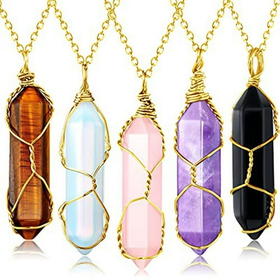 Monebena 5Pcs Healing Crystal Necklace Tree of Life Wire Wrapped Natural Stone Point Pendant Necklace Hexagonal Reiki Spiritual Quartz Gemstone Jewelry for Women Men