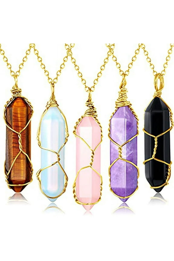 5Pcs Healing Crystal Necklace Tree of Life Wire Wrapped Natural Stone Point Pendant Necklace Hexagonal Reiki Spiritual Quartz Gemstone Jewelry for Women Men