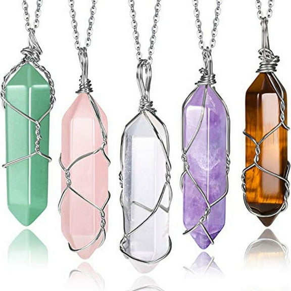 Monebena 5Pcs Healing Crystal Necklace Tree of Life Wire Wrapped Natural Stone Point Pendant Necklace Hexagonal Reiki Spiritual Quartz Gemstone Jewelry for Women Men