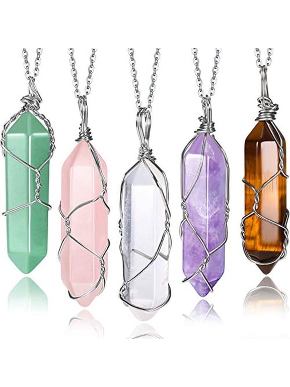 5Pcs Healing Crystal Necklace Tree of Life Wire Wrapped Natural Stone Point Pendant Necklace Hexagonal Reiki Spiritual Quartz Gemstone Jewelry for Women Men