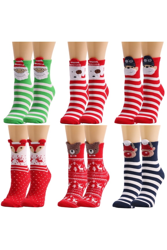 6 Pairs Christmas Socks for Womens Cotton Fuzzy Socks Winter Warm Floor Socks Christmas Stocking and New Year Gift for Girls M01