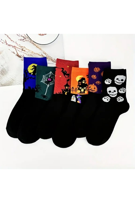 6 Pairs Halloween Socks Women Novelty Pumpkin Ghost Socks Cotton Spooky Horror Socks Fall Stocking Halloween Gifts for Adult M01