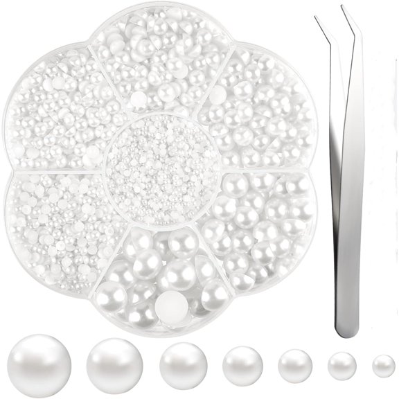 Monebena 6480 Pcs Flat Back Pearl 7 Sizes Half Pearl Bead Flatback Pearl Beads Half Round Pearls for Crafts Embellishment Shoes Clothes Bags DIY Making M01
