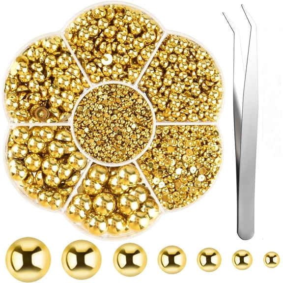 Monebena 6480 Pcs Flat Back Pearl 7 Sizes Half Pearl Bead Gold Flatback Pearl Beads Half Round Pearls for Crafts Embellishment Shoes Clothes Bags DIY Making M01