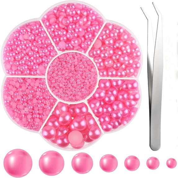 Monebena 6480 Pcs Flat Back Pearl 7 Sizes Half Pearl Bead Peach Flatback Pearl Beads Half Round Pearls for Crafts Embellishment Shoes Clothes Bags DIY Making M01