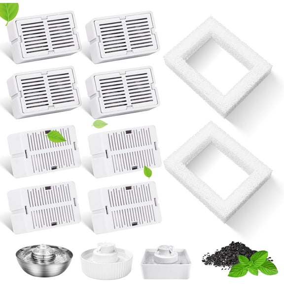 Monebena 8 Packs Cat Water Fountain Filter for 2.1L/71oz Ceramic Cat Water Dispenser, 8 Carbon Filters & 2 Foam Filters for Porcelain Pet Water Fountain, Multi-Filtration System Activated