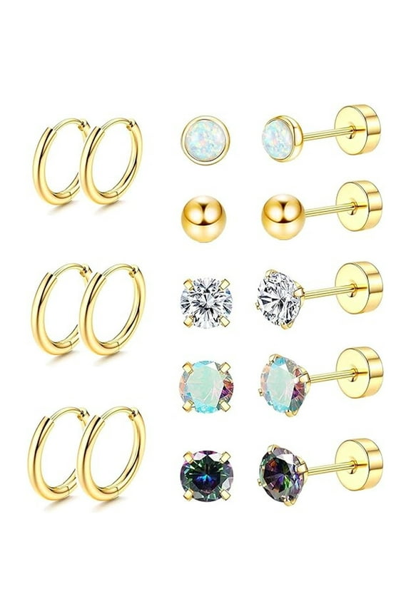 8 Pairs Earrings Sets for Multiple Piercing, Lightweight 14K Gold Plated Small Huggie Hoop Earrings, Flat Back Tiny Ball CZ Stud Earrings for Cartilage, Helix, Lobe, Hypoallergenic