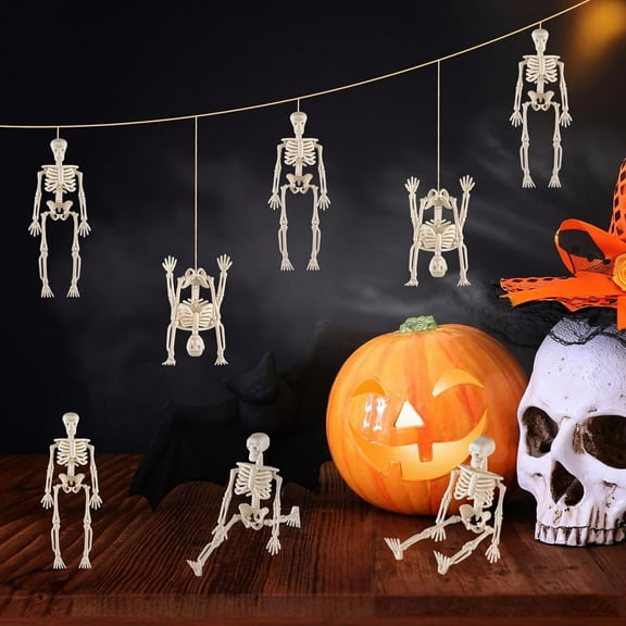 Monebena 8 Pcs Halloween Mini Skeleton Figurine Decoration,6Halloween posable Skeleton Decor,Small Plastic Skeleton Figure for Halloween Spooky Home Decor Haunted House Decorations Party Favors