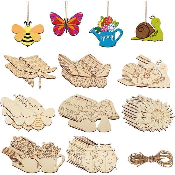 Monebena 80PCS Wooden Spring Ornaments to Paint Butterfly Cutouts, 8 Styles DIY Blank Unfinished Wood Butterfly Cutouts Ornament for Home Crafts Hanging Decorations