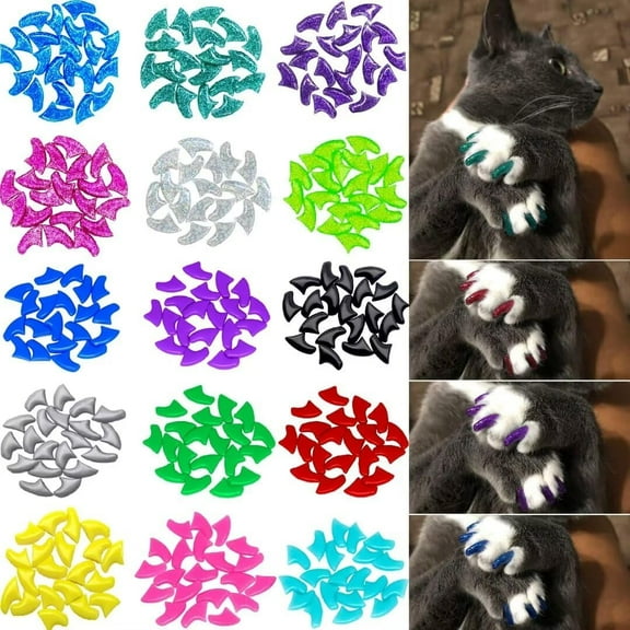 Monebena 80pcs(4 Colors) Cat Nail Caps Cat Claw Caps Cat Nail Covers with Adhesives and Applicators (Medium)