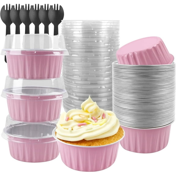 Monebena Aluminium Foil Cake Cups with Lids Muffin Tins, Mini Cake Pans, Mini Bread Moulds with Lids, Disposable Baking Cups with Lids - 30 Pack of 5 oz Round Aluminium Foil Cake Baking Cups-Pink M01