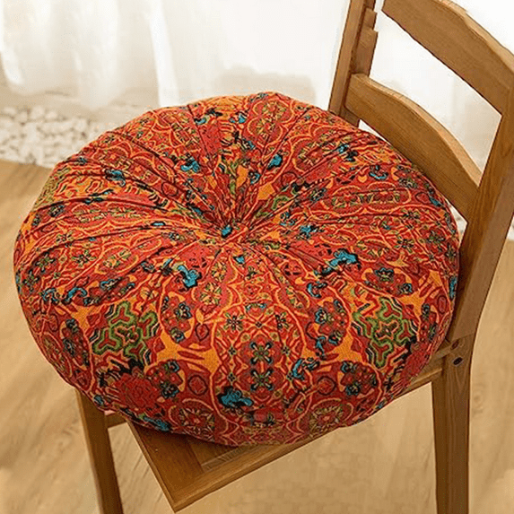 Monebena Boho Cotton Linen Square Chair Seat Cushions for Dining Kitchen Office Chairs Super Soft Printed Chair Pads with Pompom Fringe