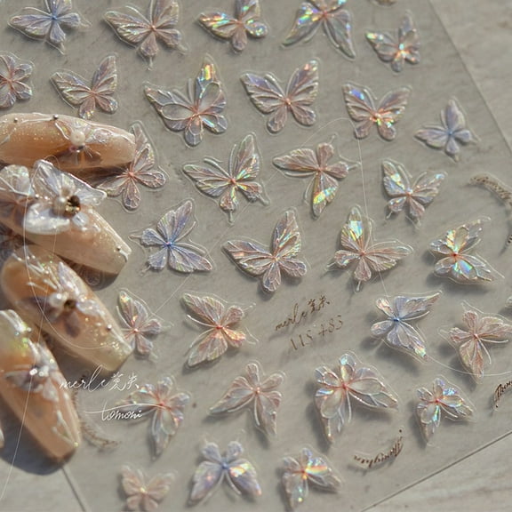 Monebena Butterfly Nail Art Stickers Decals 5D Butterfly Nail Stickers Blue Seashell Shinny Butterfly Nails Design 5D Embossed Nail Decals Butterfly Stickers for Women Girl DIY