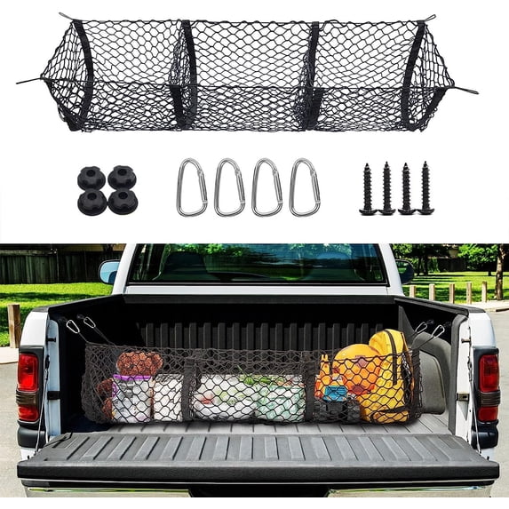 Monebena Cargo Net Trunk Bed Organizer,Mesh Storage Net with 4 Metal Hooks, 43.3 x11.8 inch Heavy Duty Cargo Net for SUV,Car,Toyota,Pickup Truck Bed,Truck Accessories Bed Grocery Holder