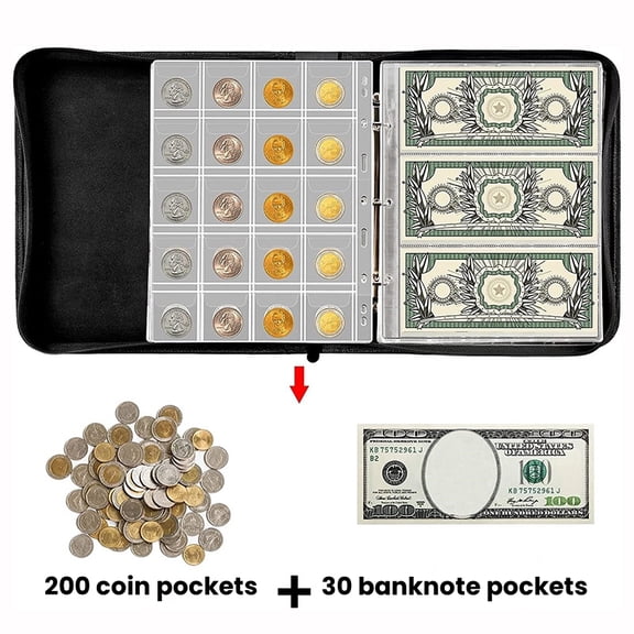 Monebena Coin Collection Album for Collectors with Lock, 200 Pockets Fireproof Coin Holder Book & 36 Paper Currency Binder Sleeves, Coin Storage Collecting Organizer for Pennies,Bill,Tokens M01