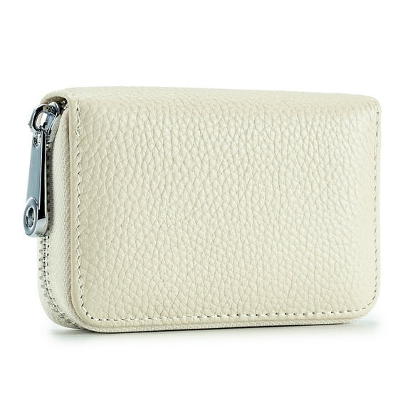 Monebena Credit Card Holder RFID Blocking 12 Card Slots Leather Mini Credit Card Wallet Purse with Zipper-Beige