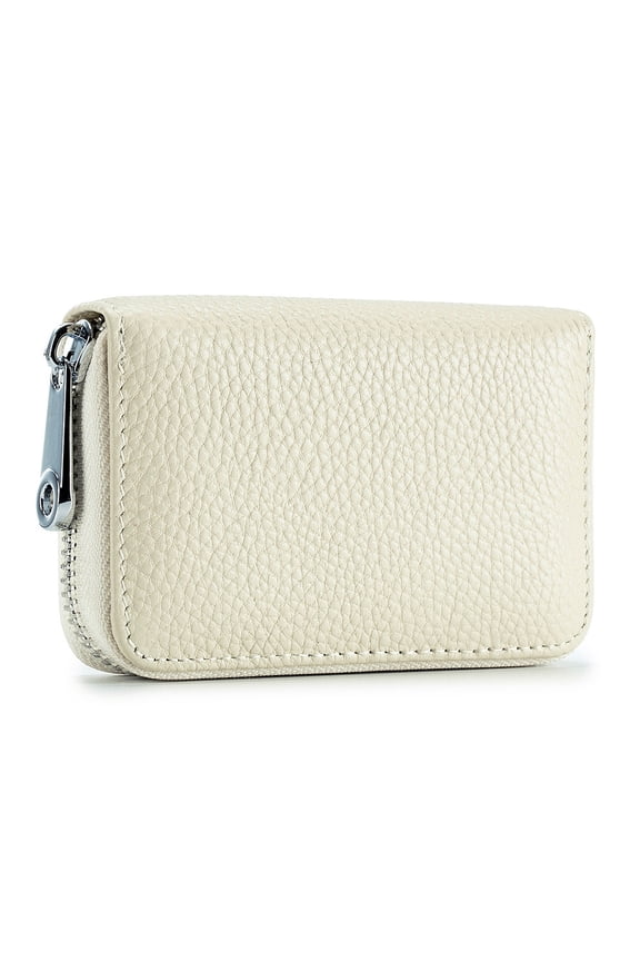 Credit Card Holder RFID Blocking 12 Card Slots Leather Mini Credit Card Wallet Purse with Zipper-Beige