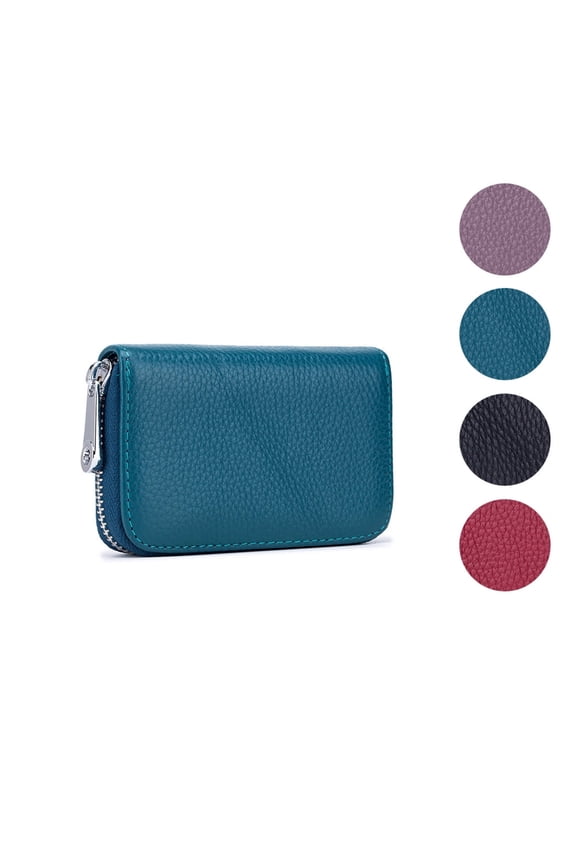 Credit Card Holder RFID Blocking 12 Card Slots Leather Mini Credit Card Wallet Purse with Zipper-Blue