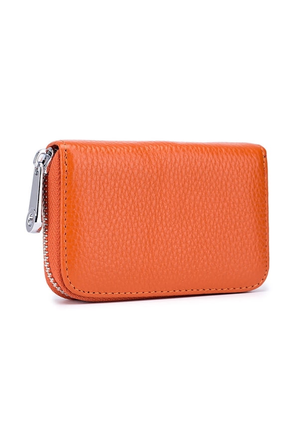 Credit Card Holder RFID Blocking 12 Card Slots Leather Mini Credit Card Wallet Purse with Zipper-Orange