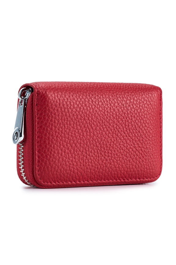 Credit Card Holder RFID Blocking 12 Card Slots Leather Mini Credit Card Wallet Purse with Zipper-Red