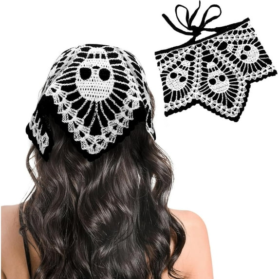 Monebena Crochet Bandanas for Women Spider Web Skull Crochet Head Scarf Black Crochet Headband Halloween Knitted Headscarf