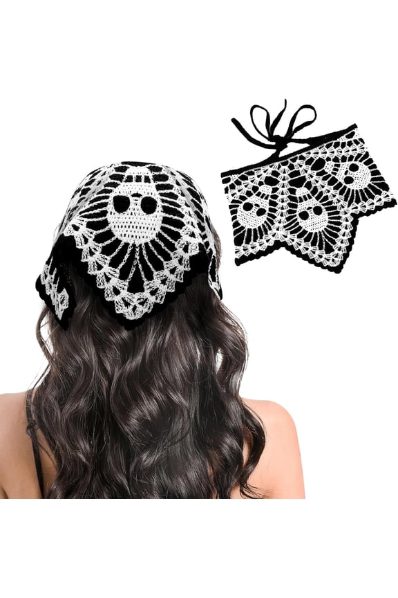 Crochet Bandanas for Women Spider Web Skull Crochet Head Scarf Black Crochet Headband Halloween Knitted Headscarf