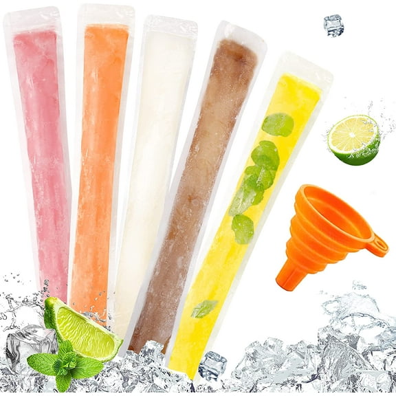 Monebena Disposable Ice Popsicle Mold Bags Freezer Tubes With Zip Seals For Healthy Snacks,Yogurt Sticks,Juice & Fruit Smoothies,Ice Candy Pops Comes With A Funnel 100 Pcs (11"x2")
