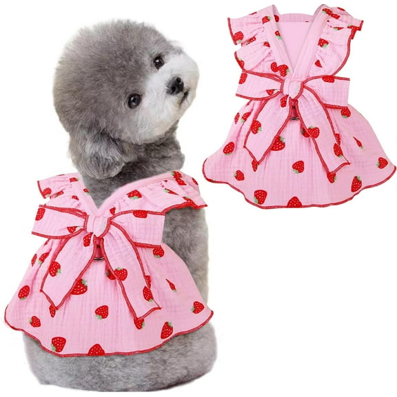Monebena Dog Dresses for Small Dogs Girl, 100% Cotton Girl Dog Clothes with Leash Ring & Bow Decor,Cute Small Dog Clothes for Girls Strawberry Print,Summer Cat Dresses for Cats Only (Pink, X-Small)